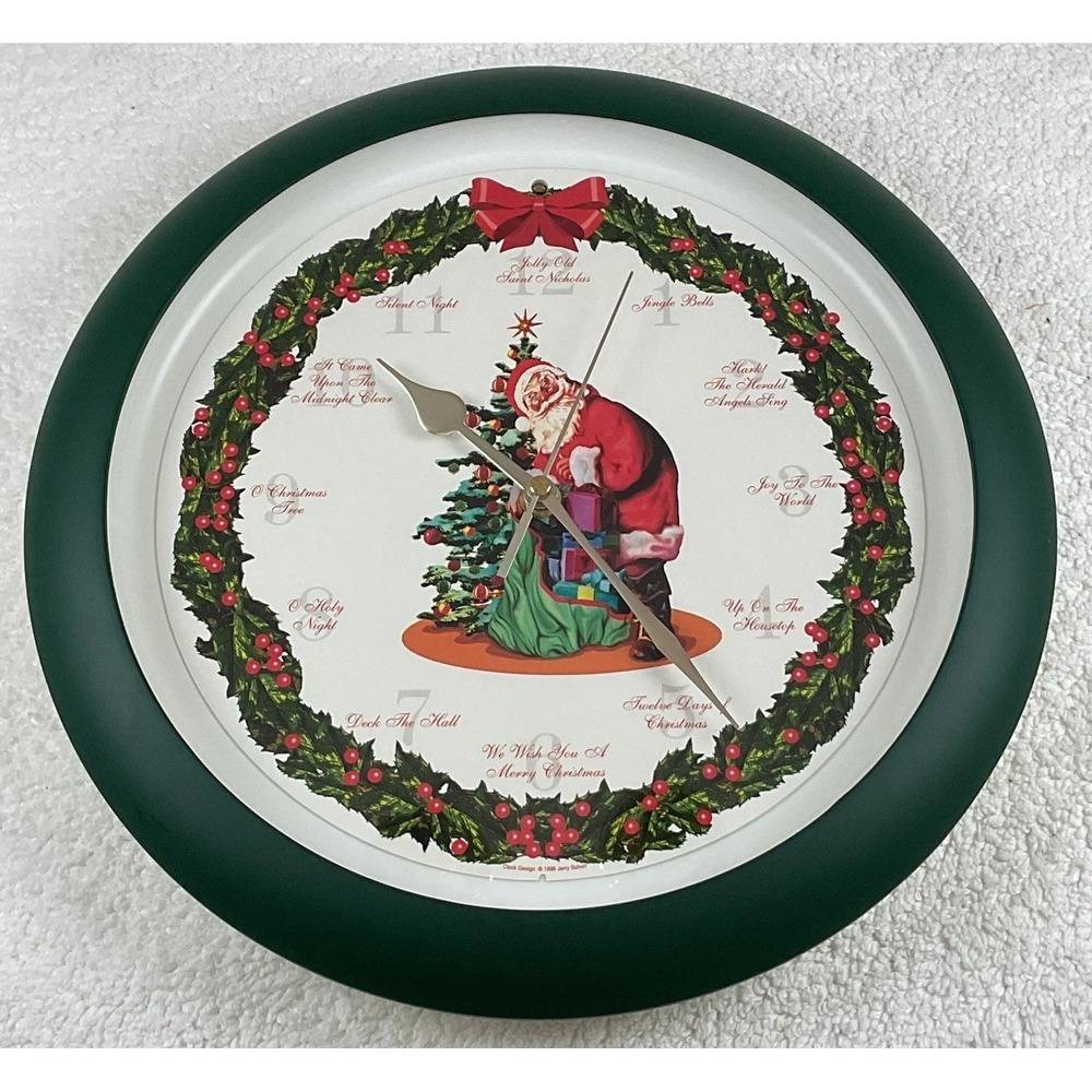 1999 Mark Feldstein SCHURR Christmas Wall Clock Musical Carols Santa Tree 13"
